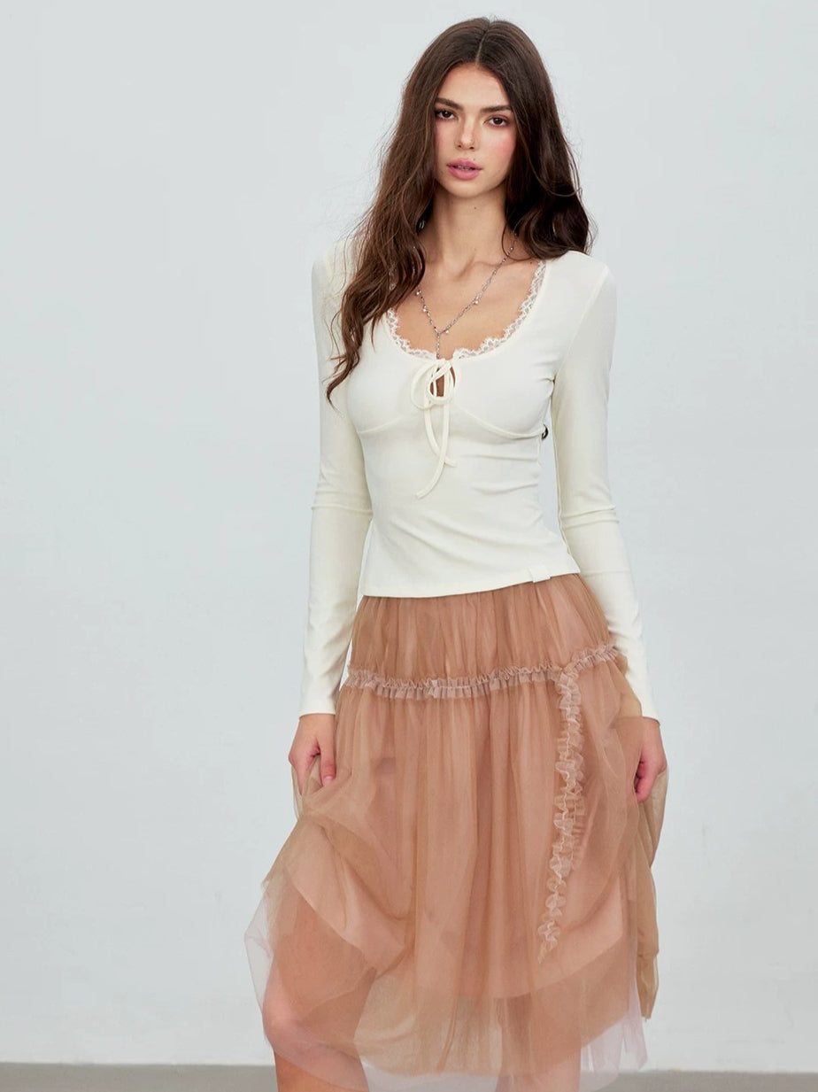 Lace Trim Tulle Skirt