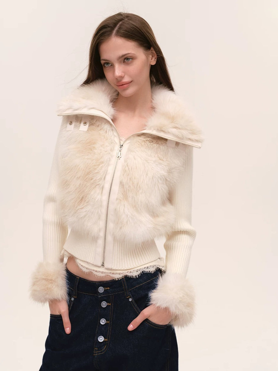 Faux Fur Patchwork Fitted Knit Jacket