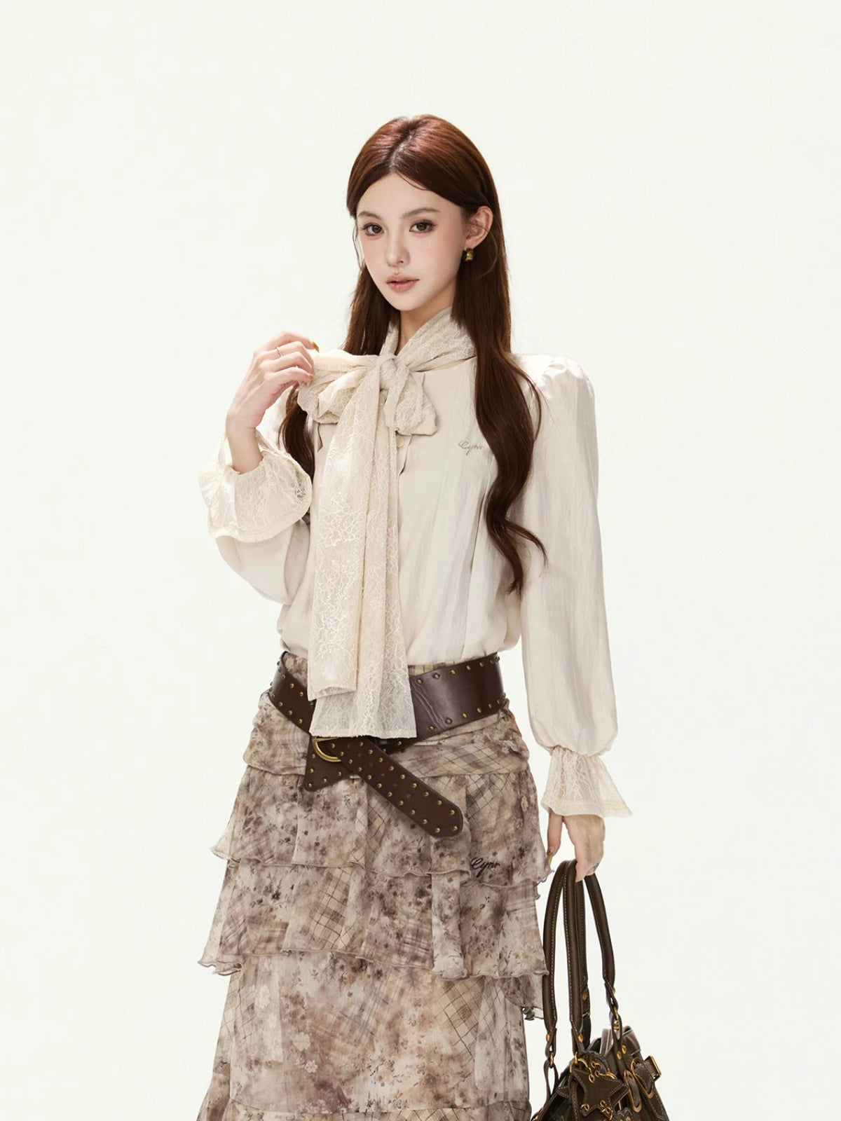 Lace Tie Pleated A-Line Blouse