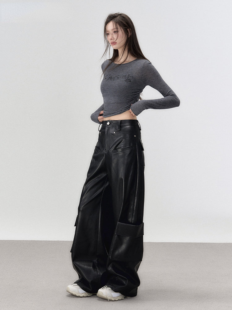 Black Rivet Straight Leather Pants