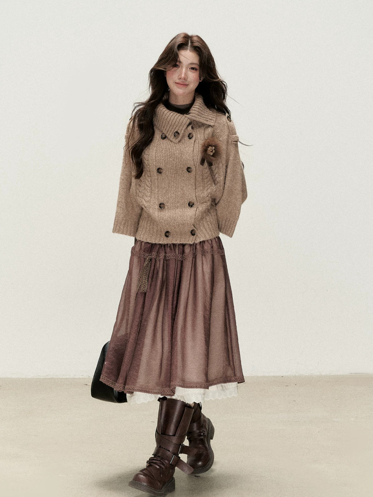 Vintage Cocoa Lace Layered Midi Skirt