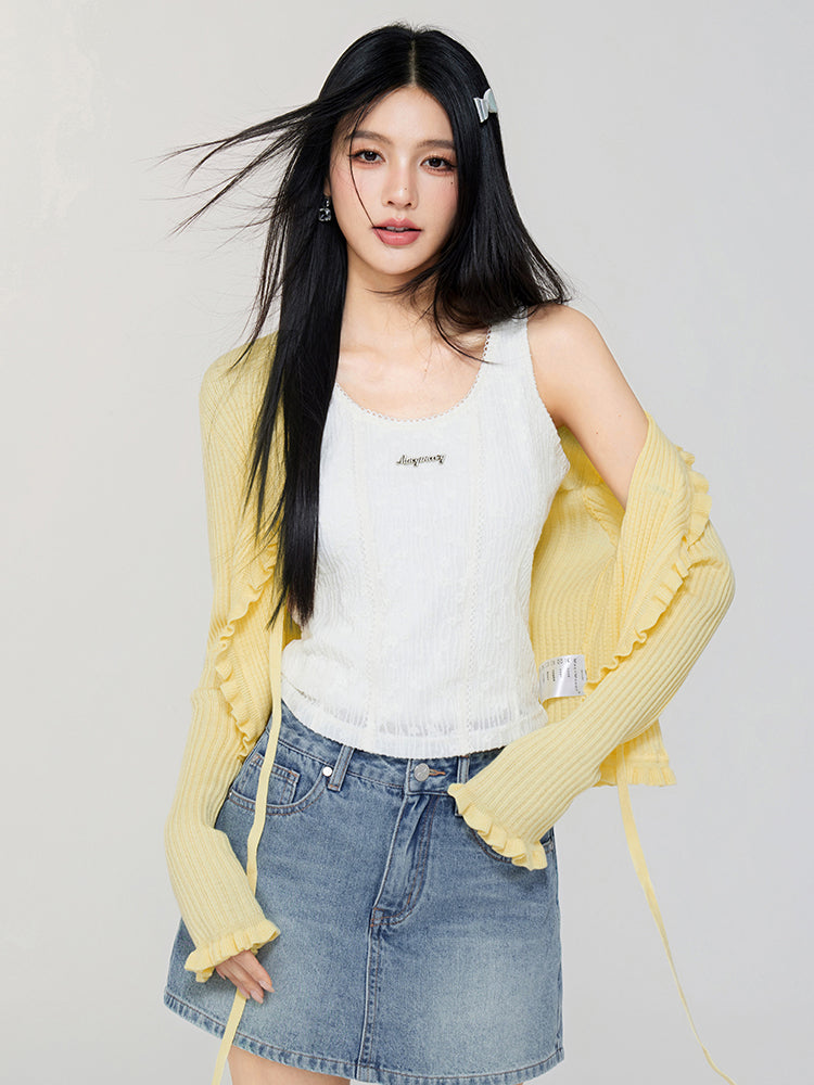 V - neck Ruffled Tie - front Knit Cardigan