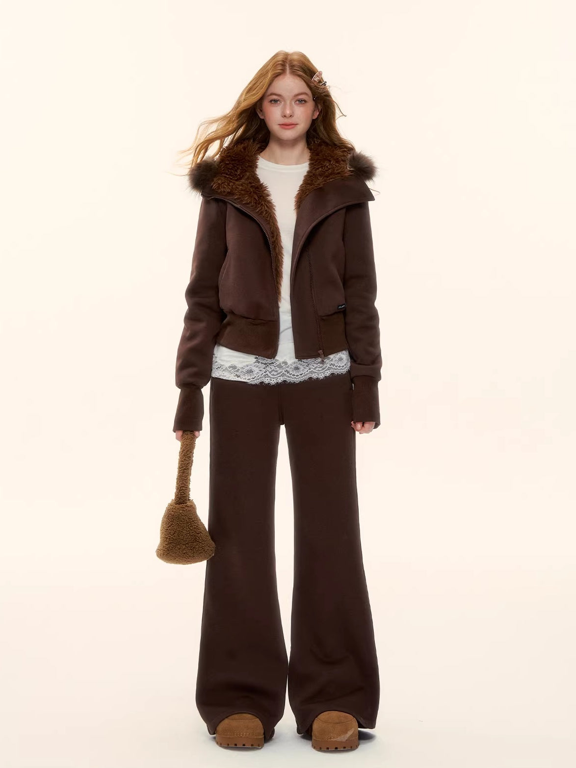 Fleece Waist-Tightening Fur Hoodie &amp; Pants Set