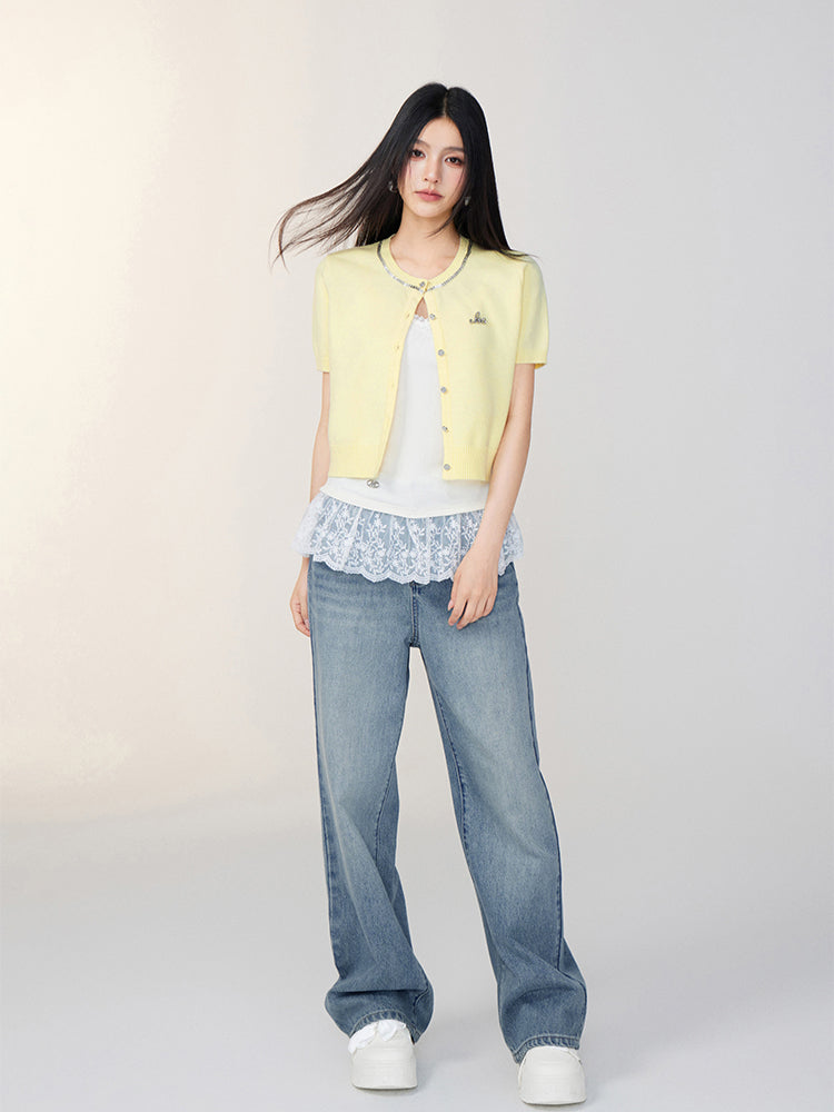 Rhinestone Button Knitted Short-Sleeve Cardigan