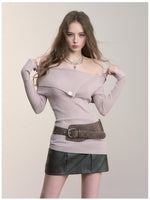 One-Shoulder Collared Knit Crewneck
