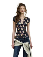 Printed Drawstring V-neck Tee