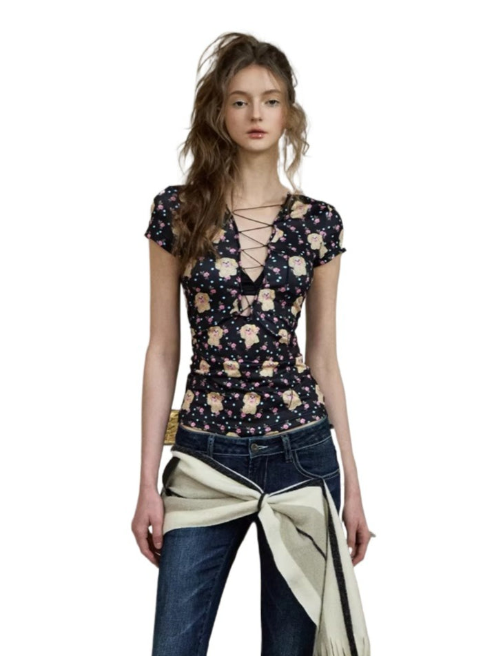 Printed Drawstring V-neck Tee