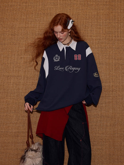 Contrast Collar Embroidered Drawstring Sweatshirt