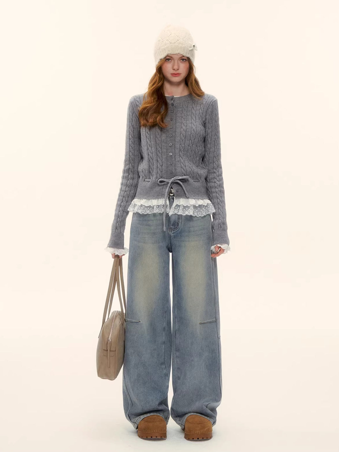 Cable Knit Lace Hem Drawstring Sweater