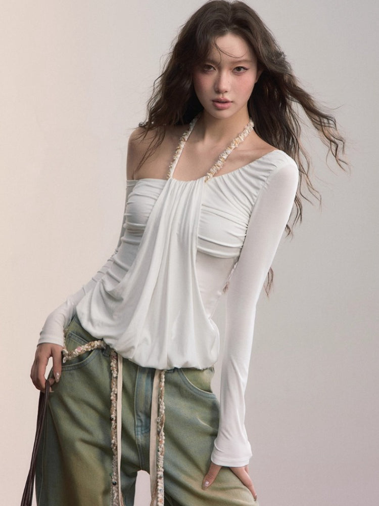 Asymmetric Off-Shoulder Faux Two-Piece T-shirt
