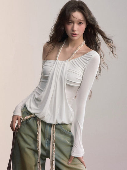 Asymmetric Off-Shoulder Faux Two-Piece T-shirt