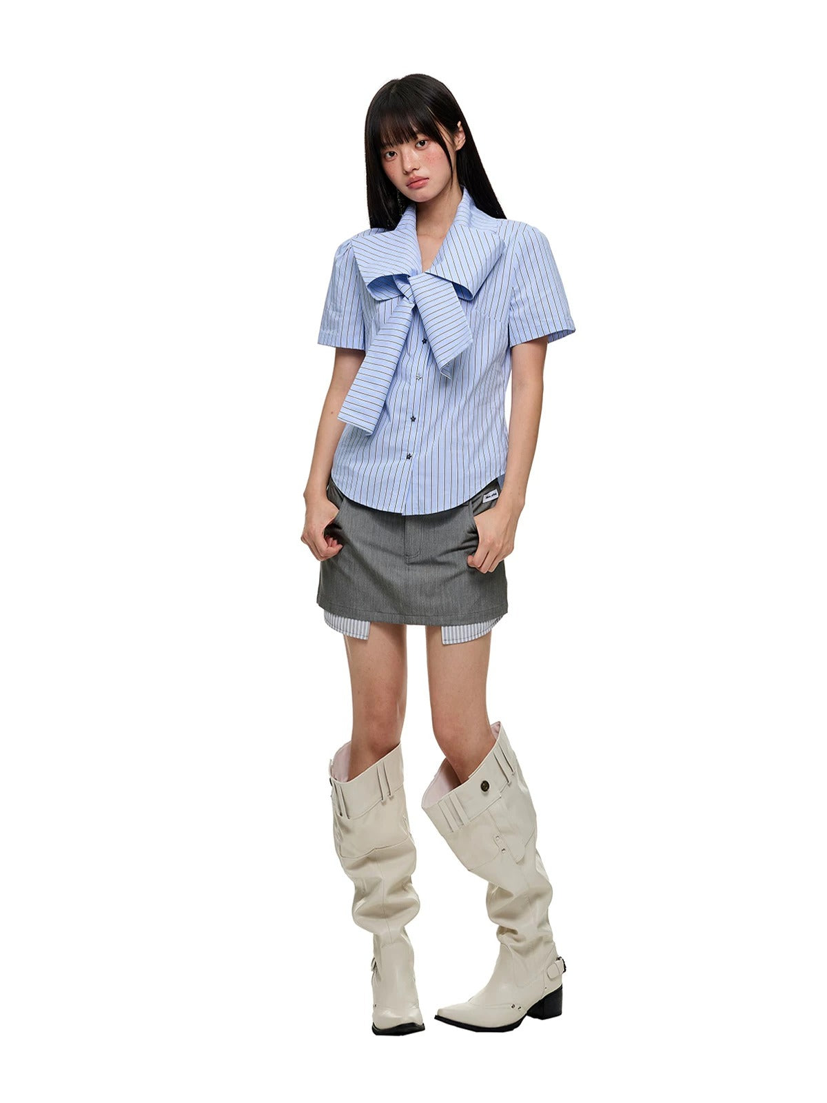 Crystal Bow Stripe Slim Shirt