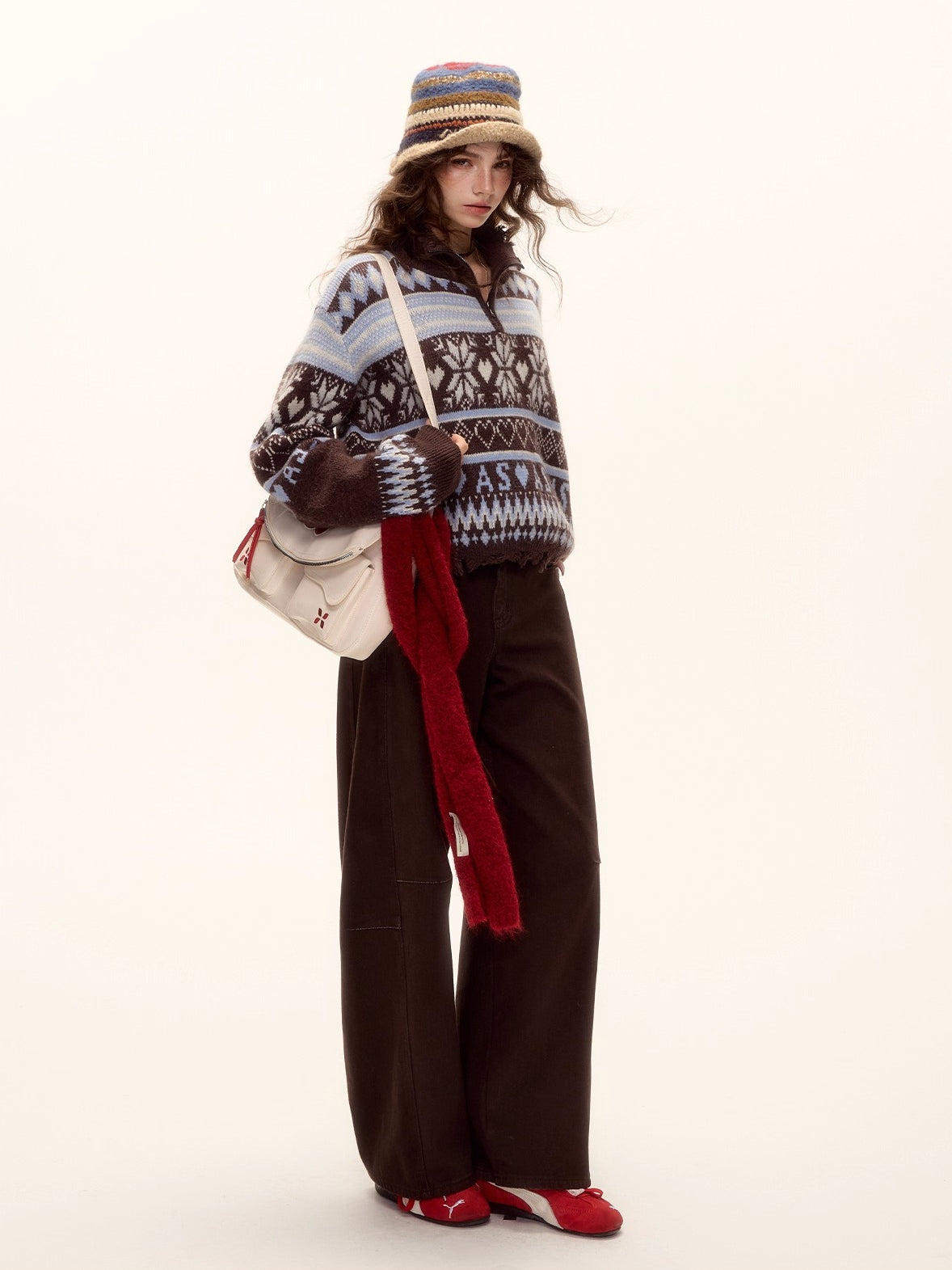 Fair Isle Half-Zip Fringed Knit Sweater