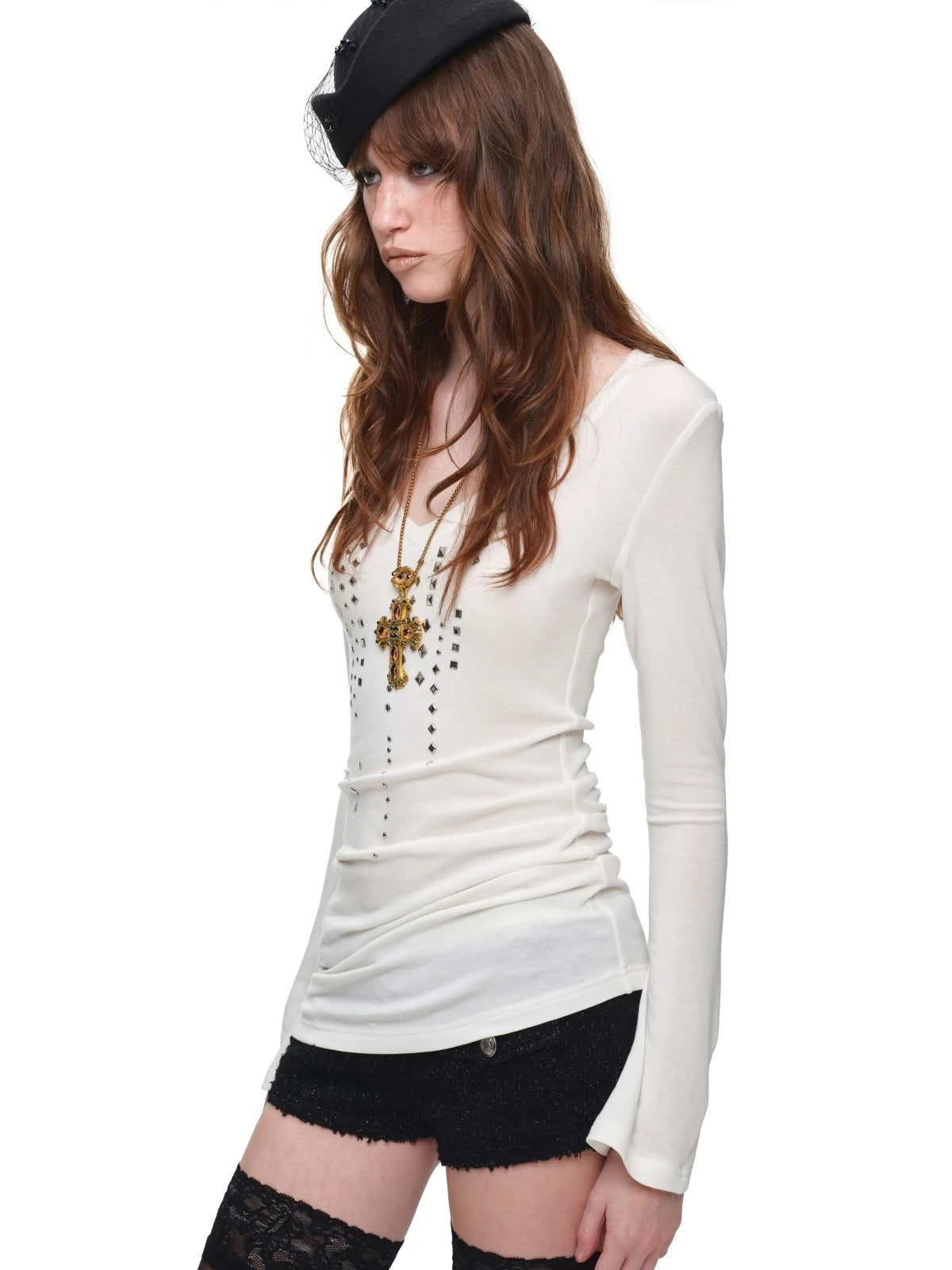 Rhinestone V Neck Knit Top