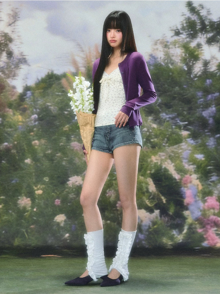 Purple Knit Cropped Cardigan