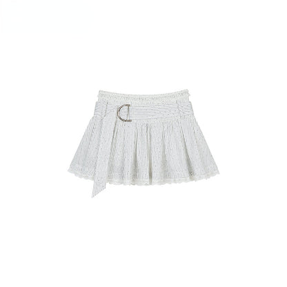 Shiny Rhinestone Striped Lace Patchwork Shirt &amp; Skirt