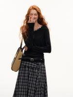 Off-Shoulder Pearl-Button Long-Sleeve T-Shirt