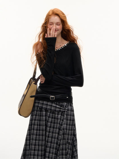Off-Shoulder Pearl-Button Long-Sleeve T-Shirt