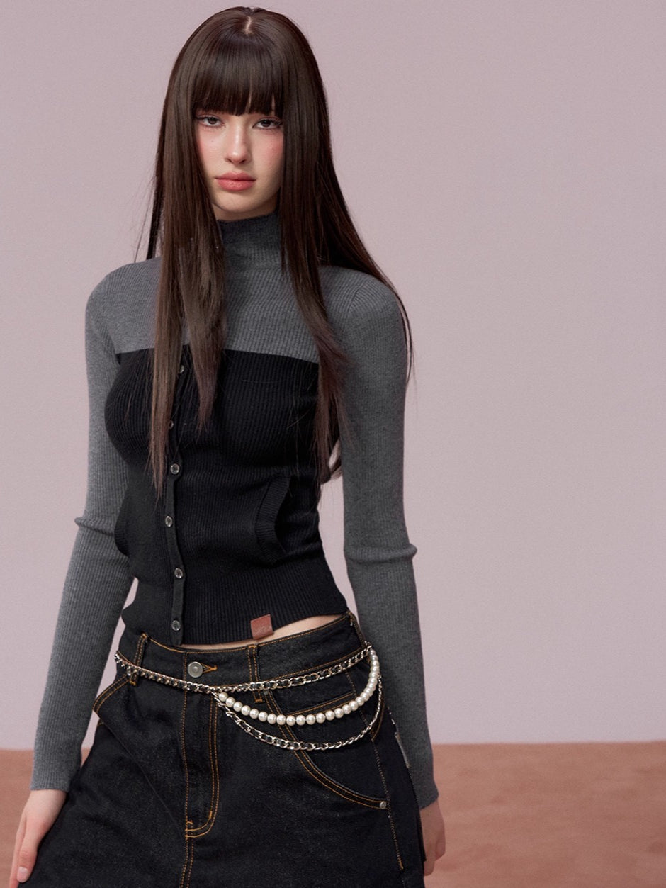 Color-Block High Neck Knit Top &amp; Fringe Cape Set