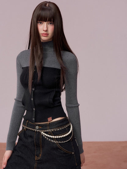 Color-Block High Neck Knit Top &amp; Fringe Cape Set