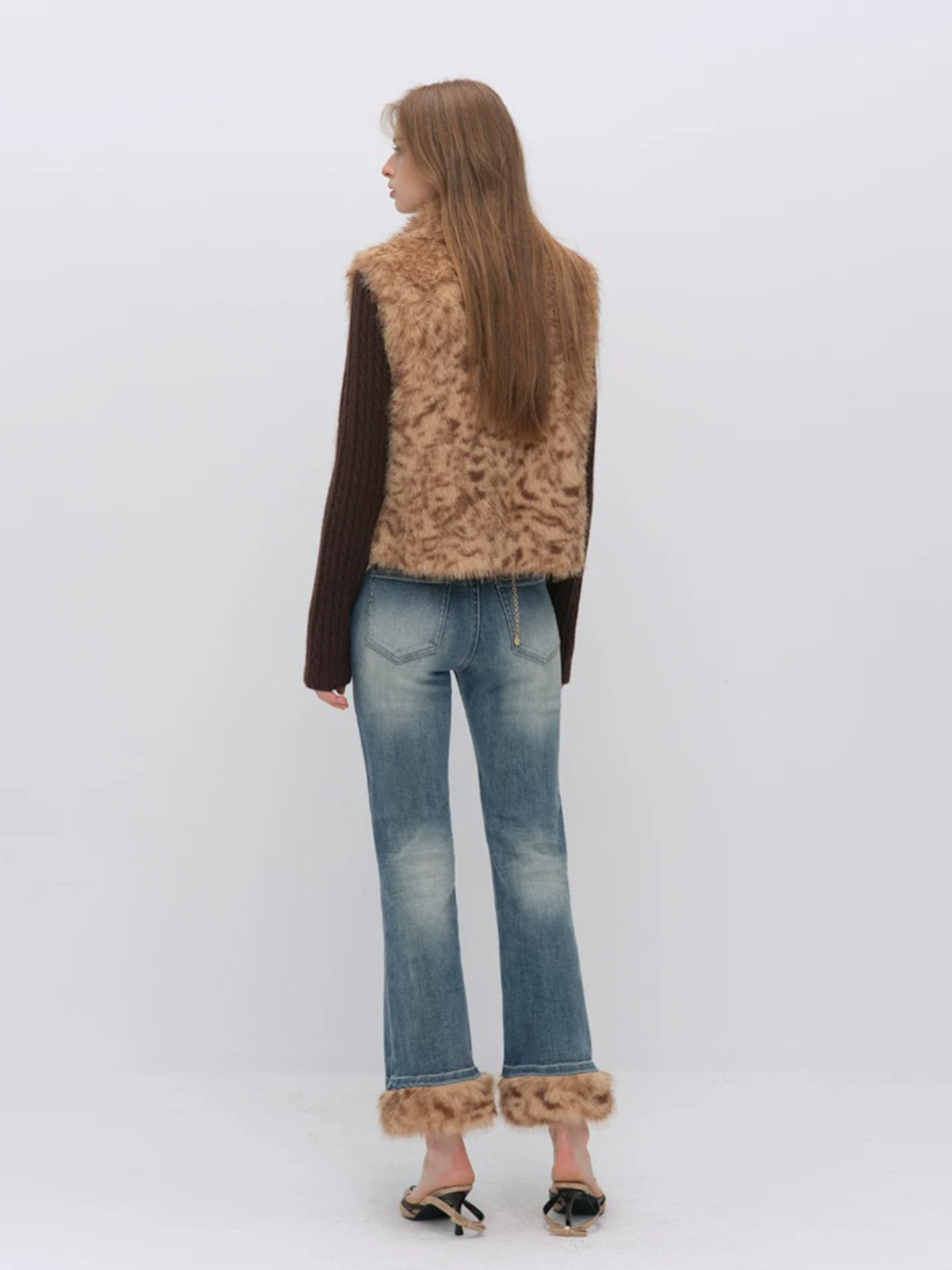 Leopard Faux Fur Sleeve Vest Jacket
