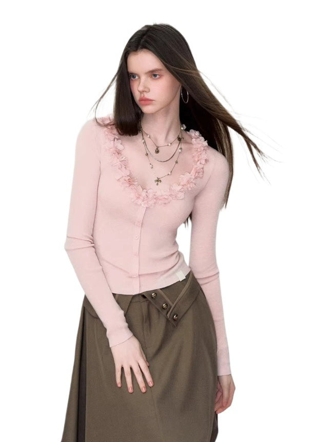 Ruffle V-Neck Knit Cardigan