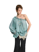 Turquoise One-Shoulder Chiffon Blouse