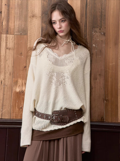 Apricot Lace Trim Knit V-Neck Sweater