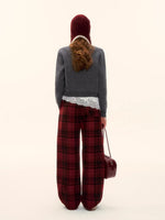 Red Plaid Wool-Blend Drawstring Wide-Leg Pants