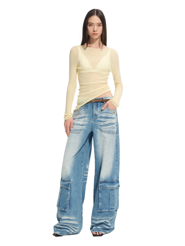 Washed Twill Denim Whisker Wide-leg Jeans