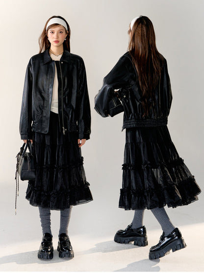 Black Turn-Down Collar Leather Jacket