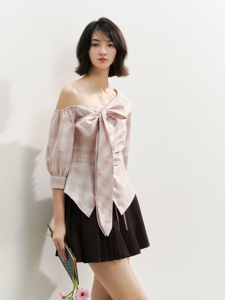 Checkered Bow One-Shoulder Asymmetric Waist-Cinching Shirt