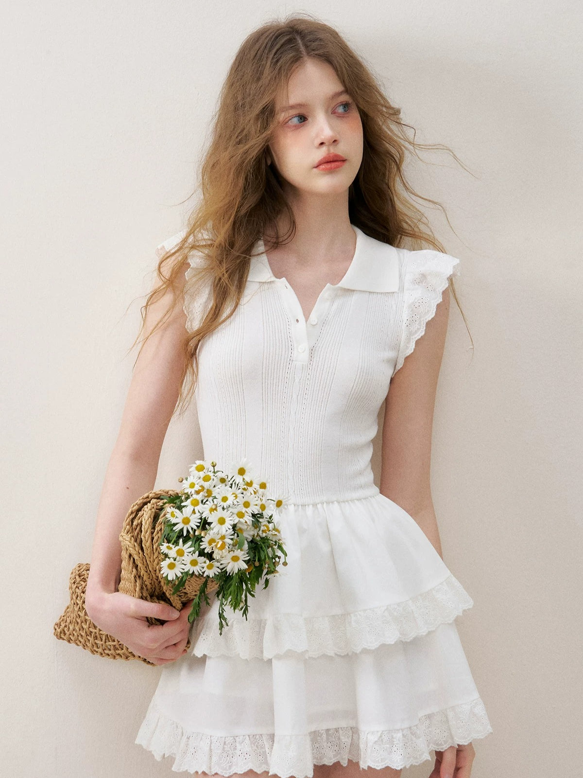 Lace Trim Flutter Sleeve Mini Dress