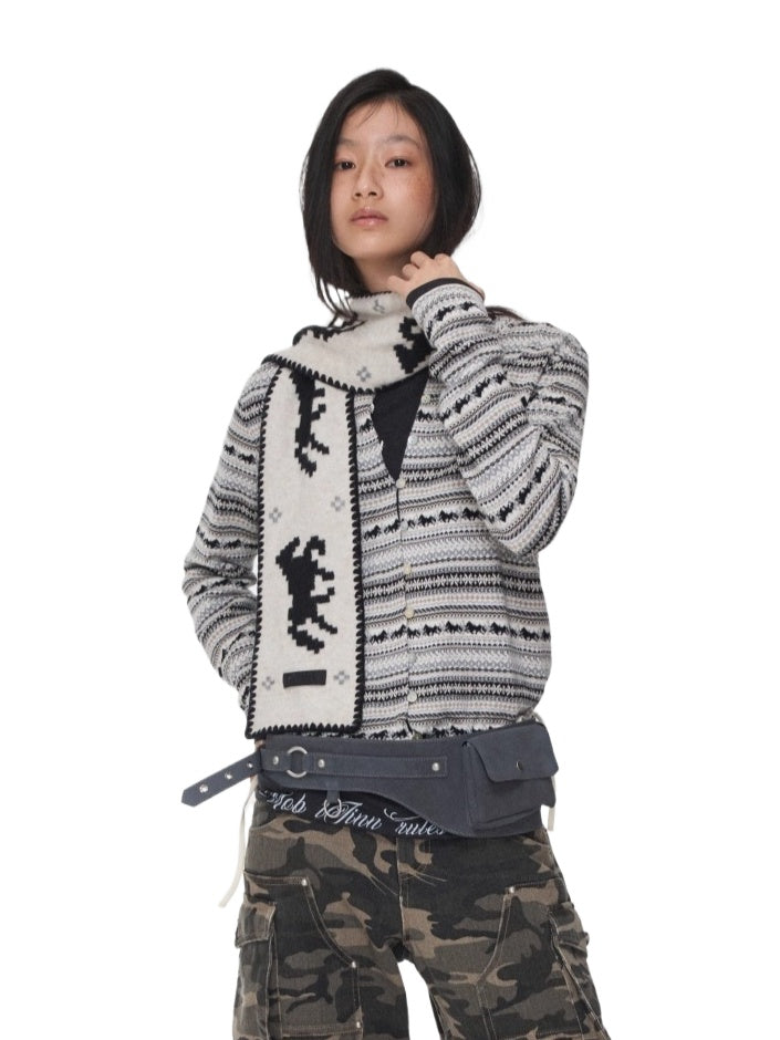 Fair Isle Pony Jacquard Drawstring Knit Cardigan