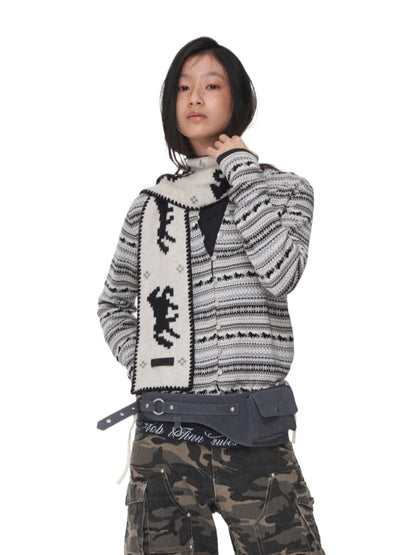 Fair Isle Pony Jacquard Drawstring Knit Cardigan