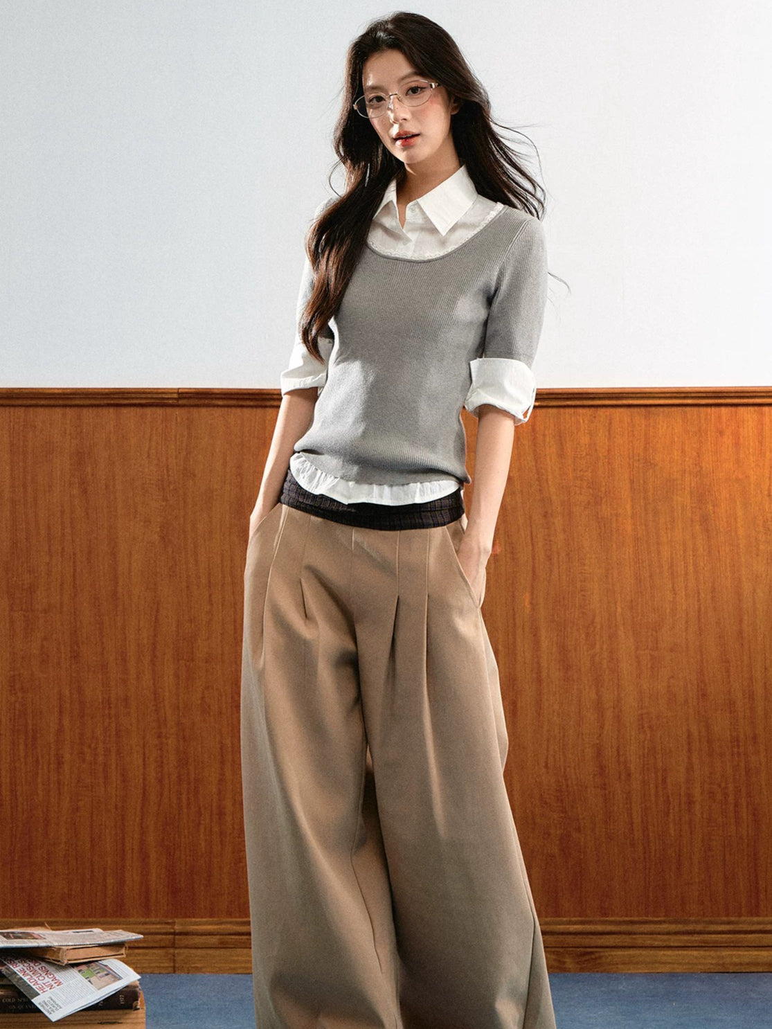 Contrast Waist Wide-Leg Trousers
