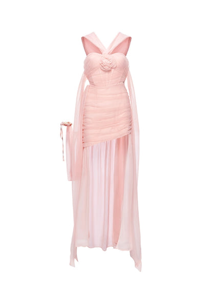 Chiffon Floral-print Halter Neck Backless Irregular Dress