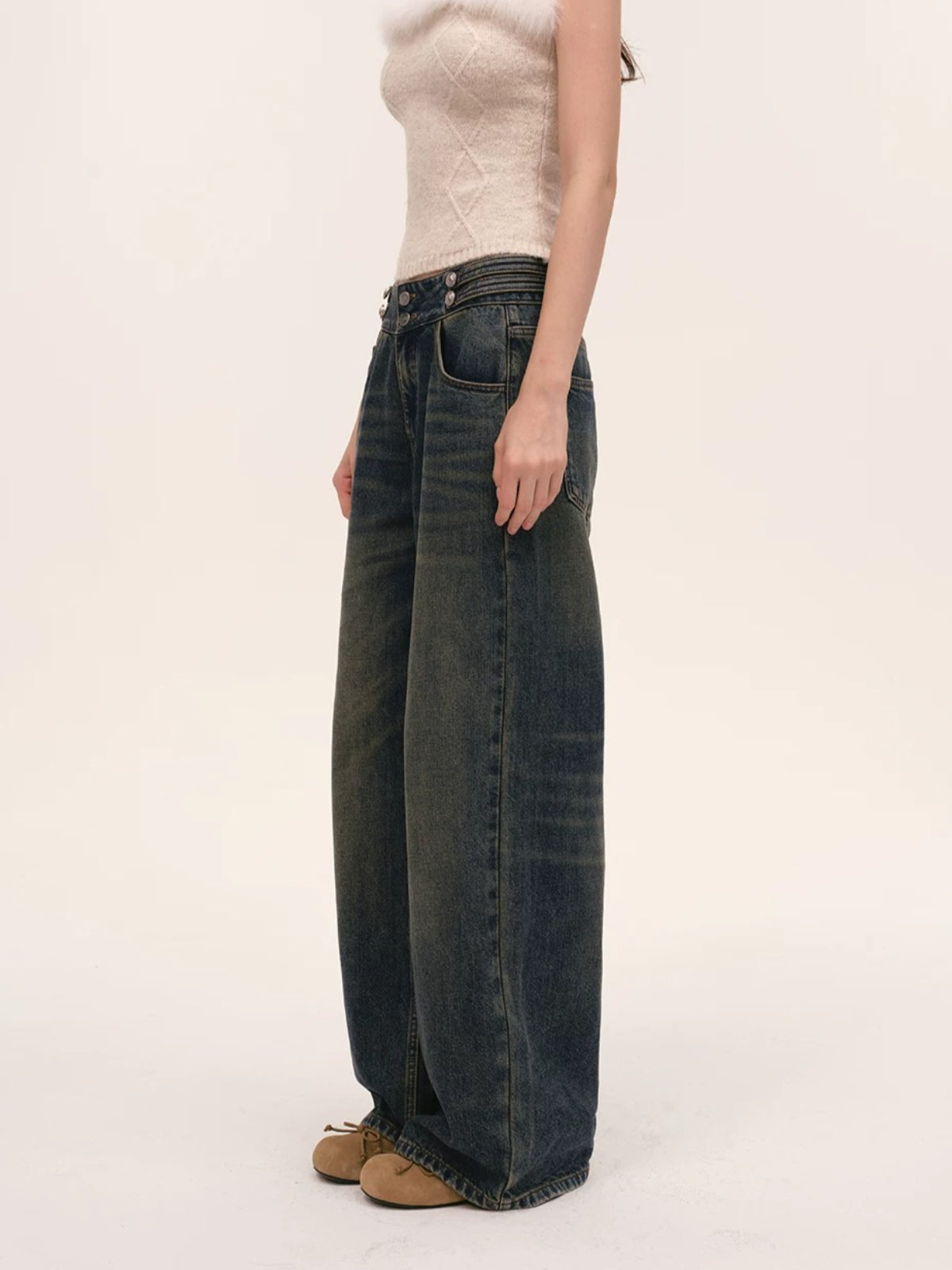 Vintage Double Button Wide-Leg Jeans