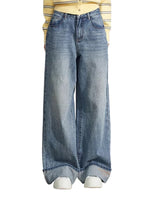 Blue Embroidered Cuff Wide Jeans