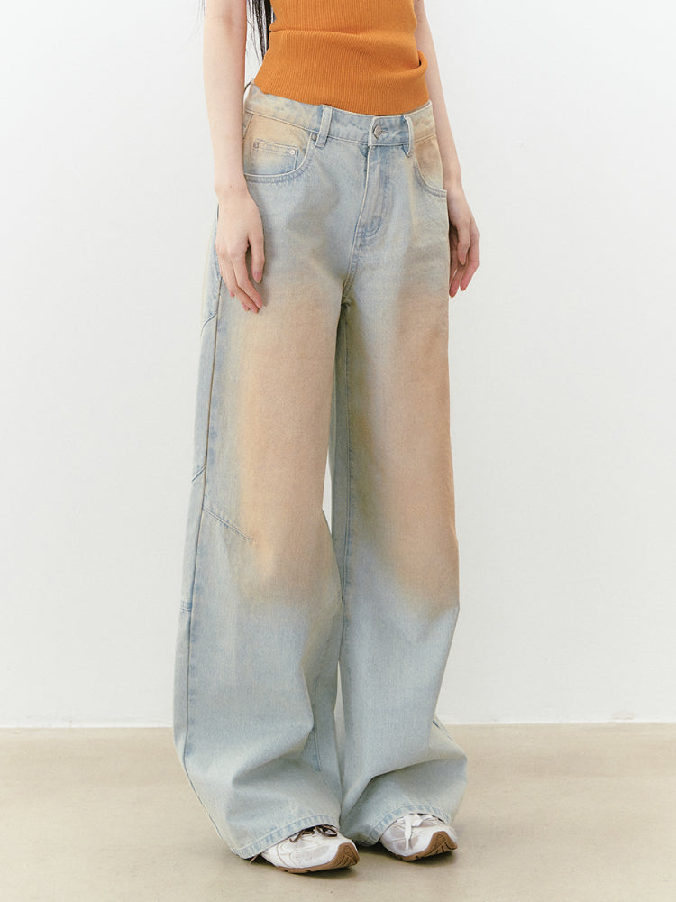Washed and Distressed Color Block Denim Pants