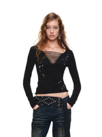 Rhinestone Cutout V-Neck Long Sleeve Top