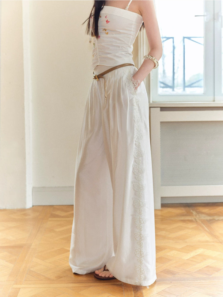 Lace Spliced Wide-Leg Pants