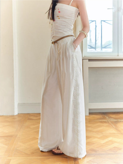 Lace Spliced Wide-Leg Pants