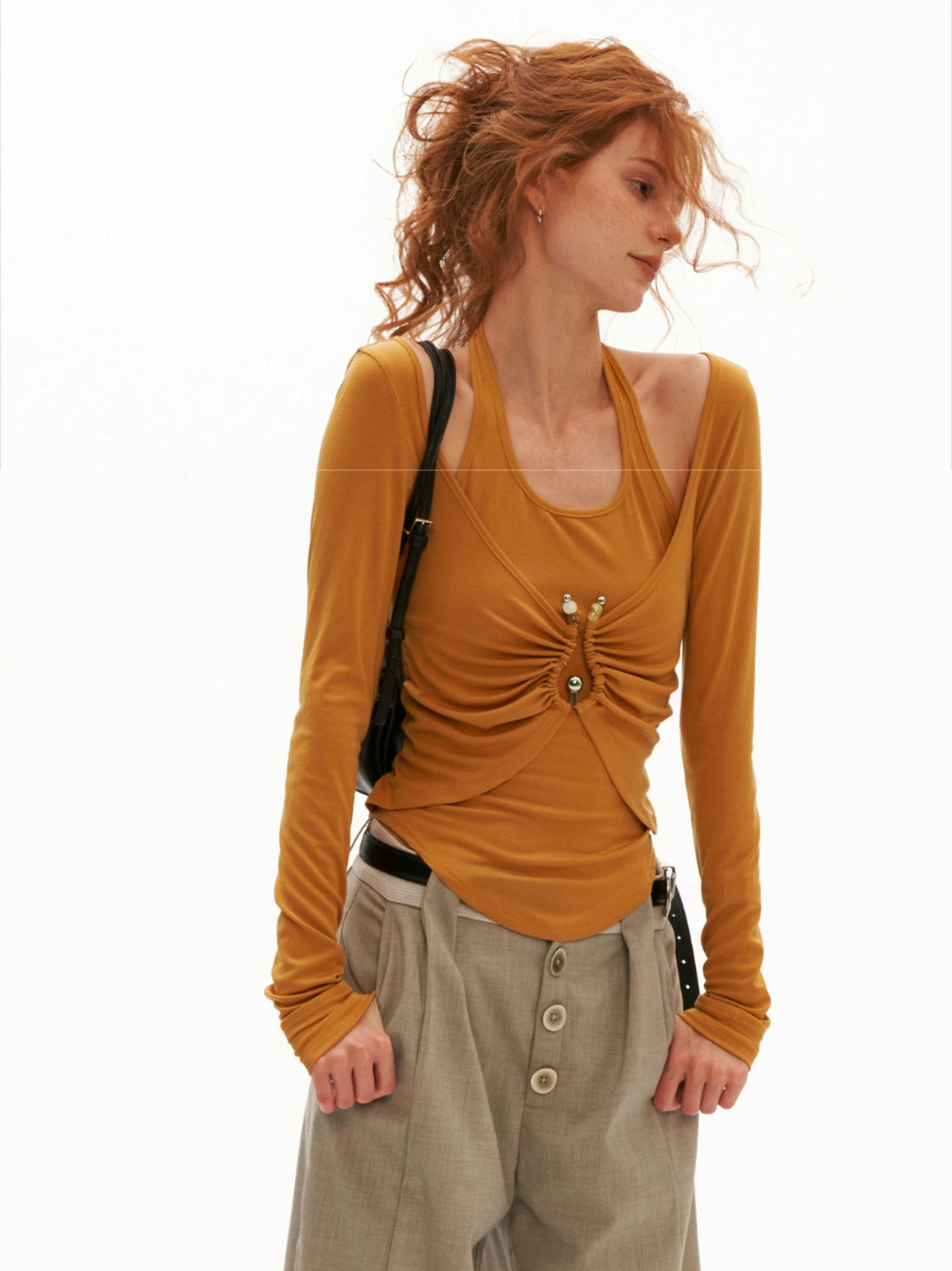 Halter Ruched Long Sleeve Top