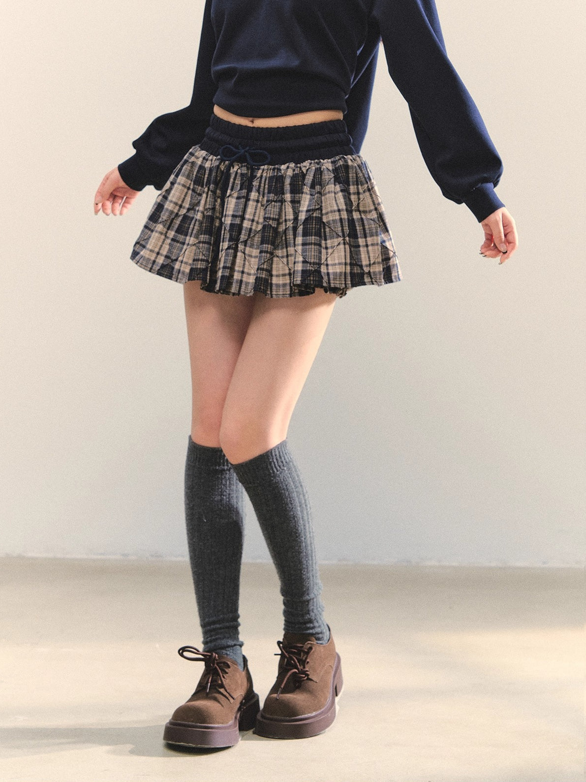 Navy Blue Plaid Halter Ruffle Sweatshirt &amp; Skirt set