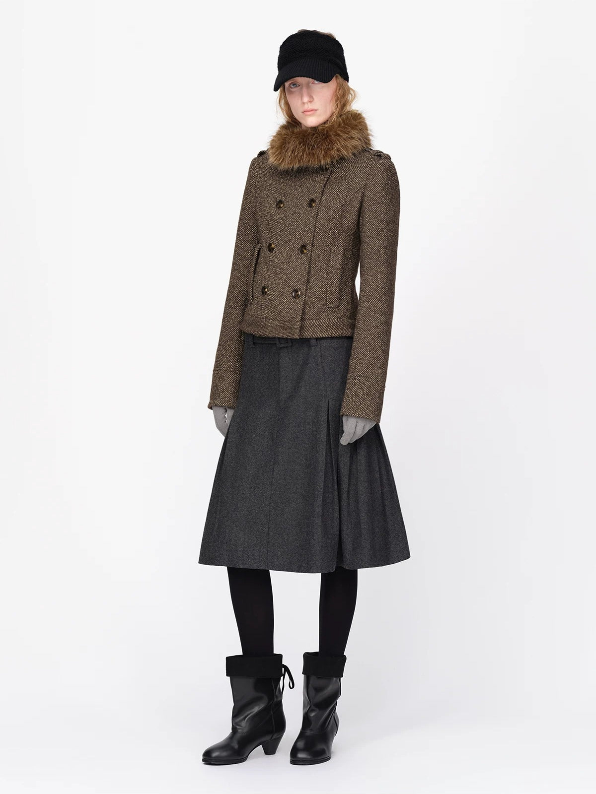 British Vintage Wool Fur Collar Coat