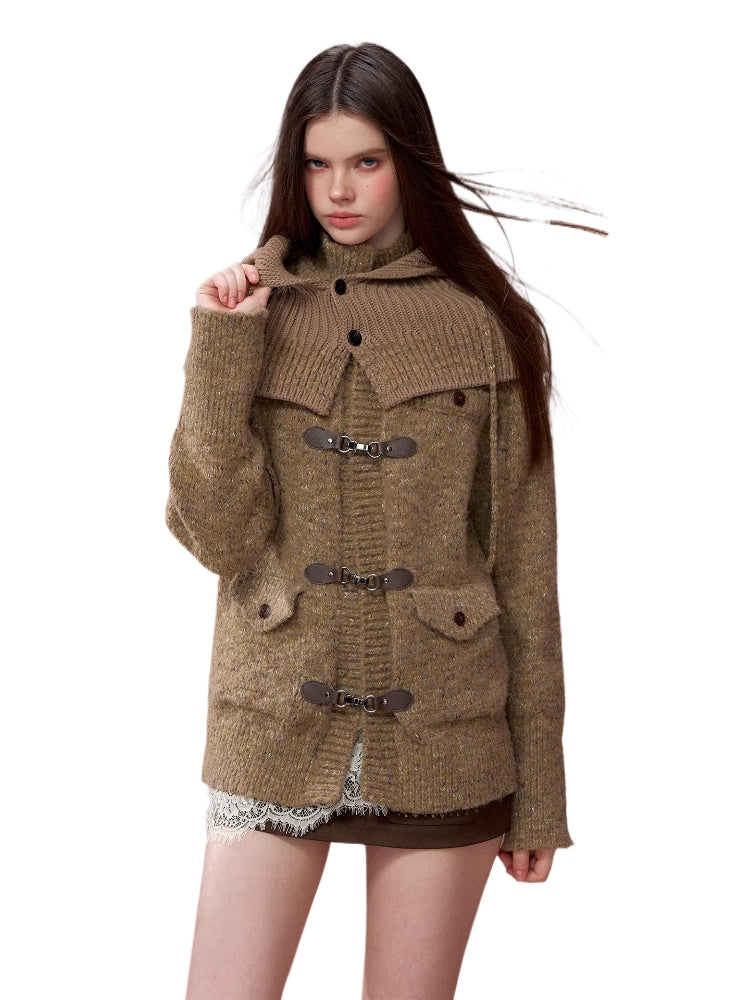 Brown Leather Buckle Cardigan &amp; Hooded Cape Set
