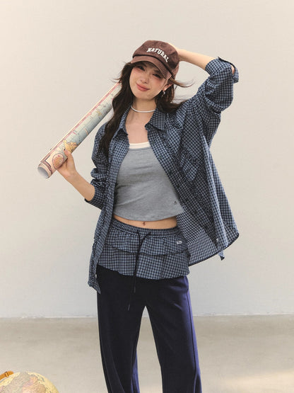 Plaid Ruffle Drawstring Pleated Shirt &amp; Sweatpants Set