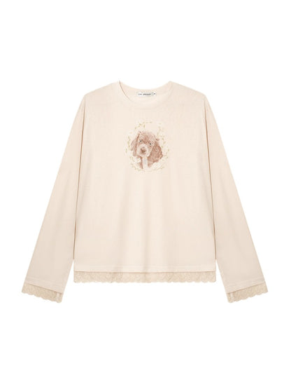 Lace Panel Animal Print Long-Sleeve Tee