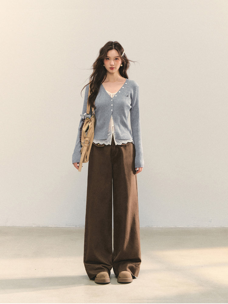 Cross-Stitch Floral Wide-Leg Pants